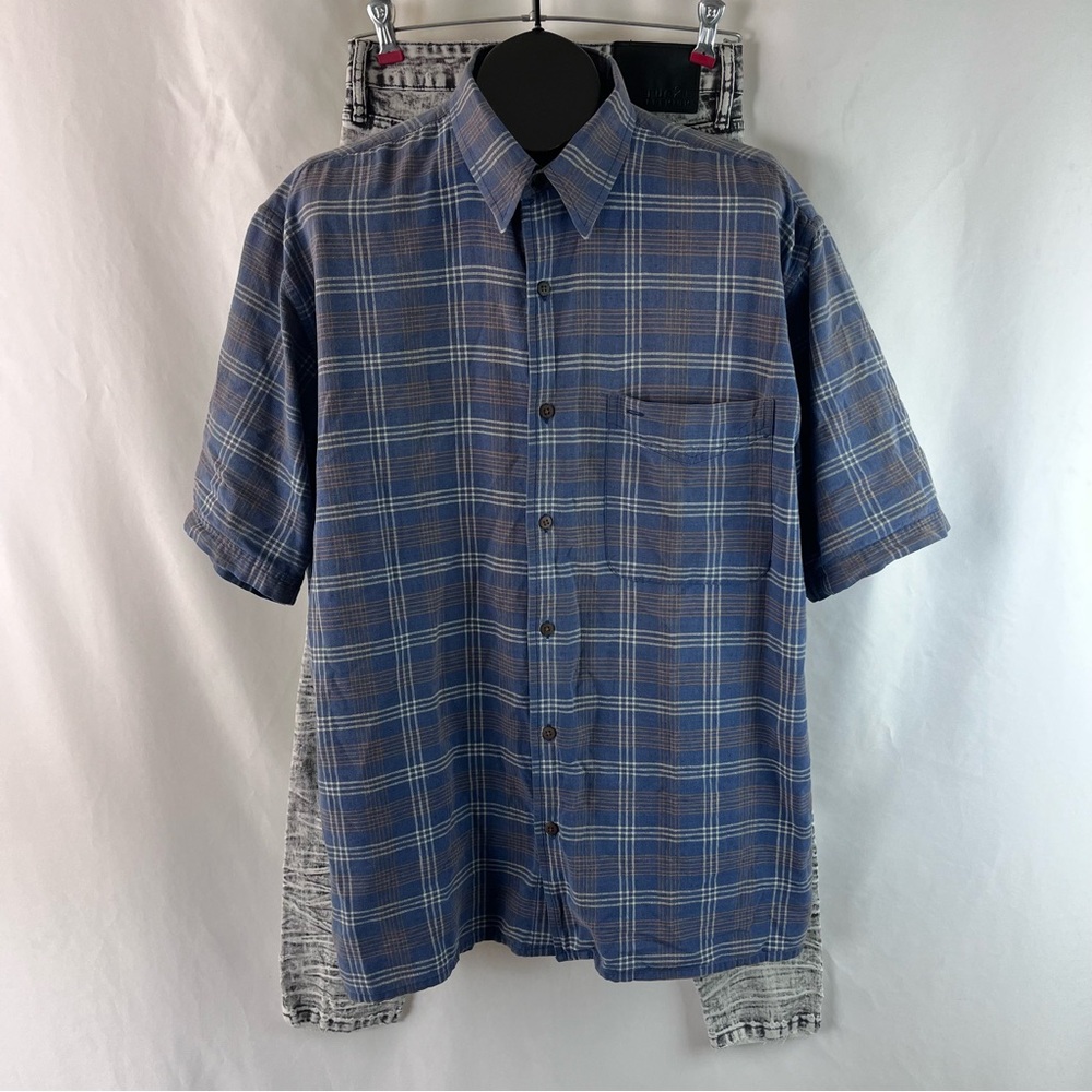 Vintage Blue Plaid Madison Trader Silk and Cotton Blend  Size L